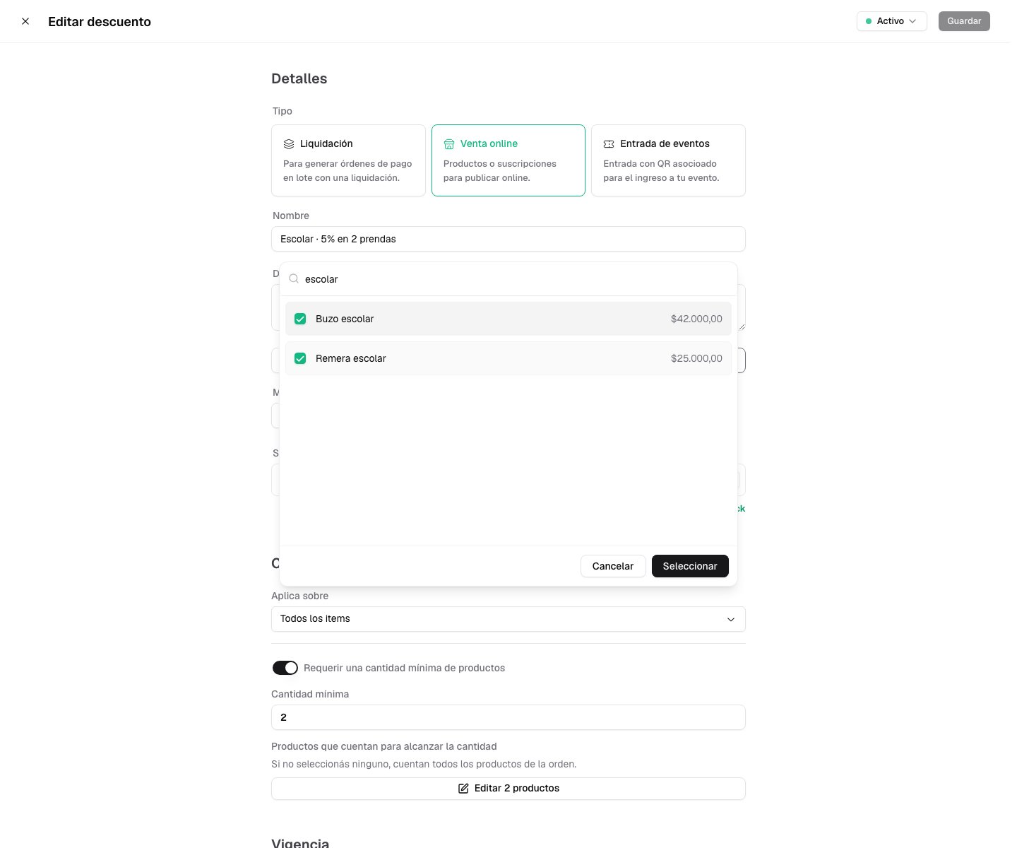 Descuento del cinco por ciento con mínimo de dos productos y Remera escolar y Buzo escolar como calificadores