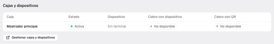 Caja Mostrador principal asociada al punto de venta, sin Point ni QR disponibles