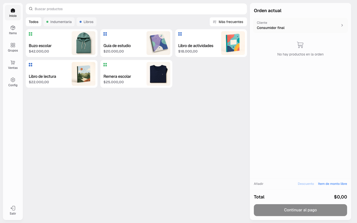 Catálogo del POS con buscador, grupos y productos disponibles