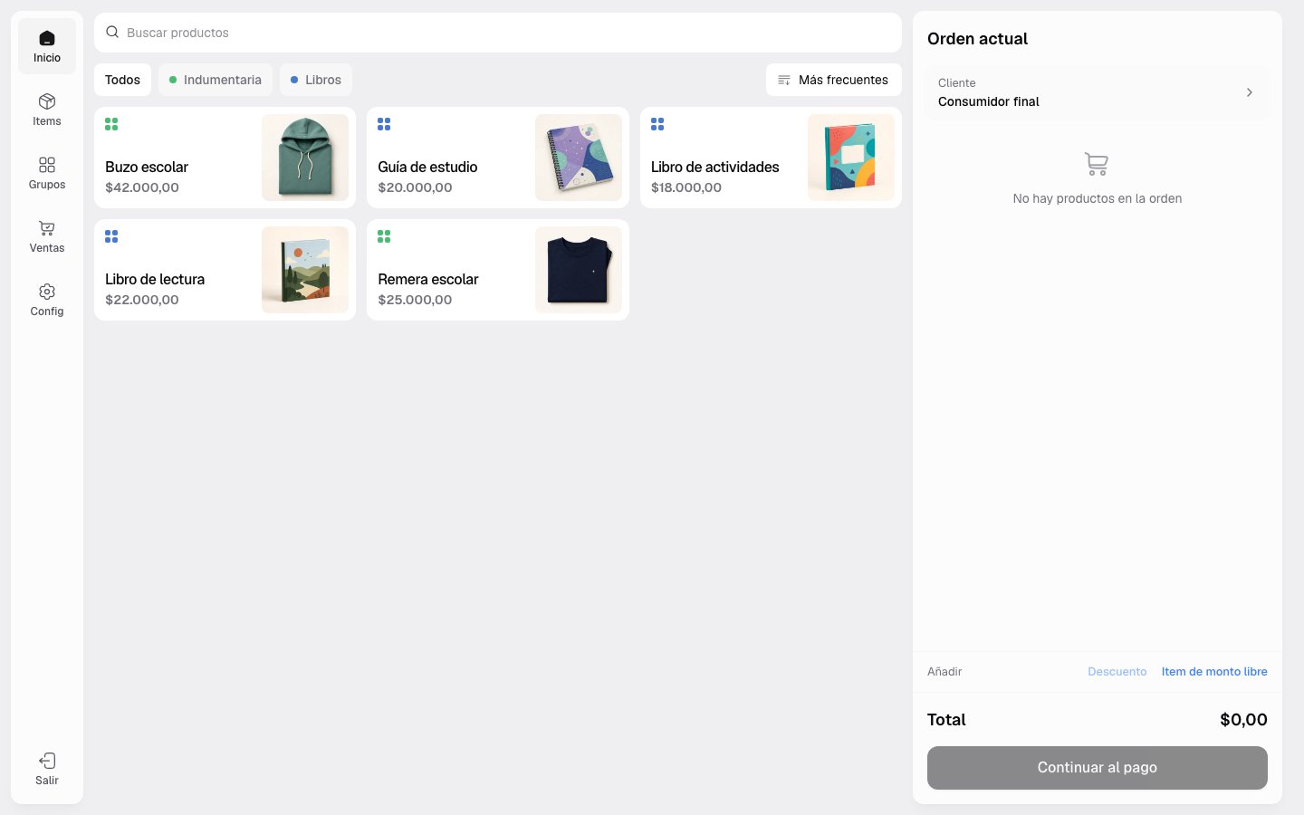 Catálogo del POS con buscador, grupos y productos disponibles