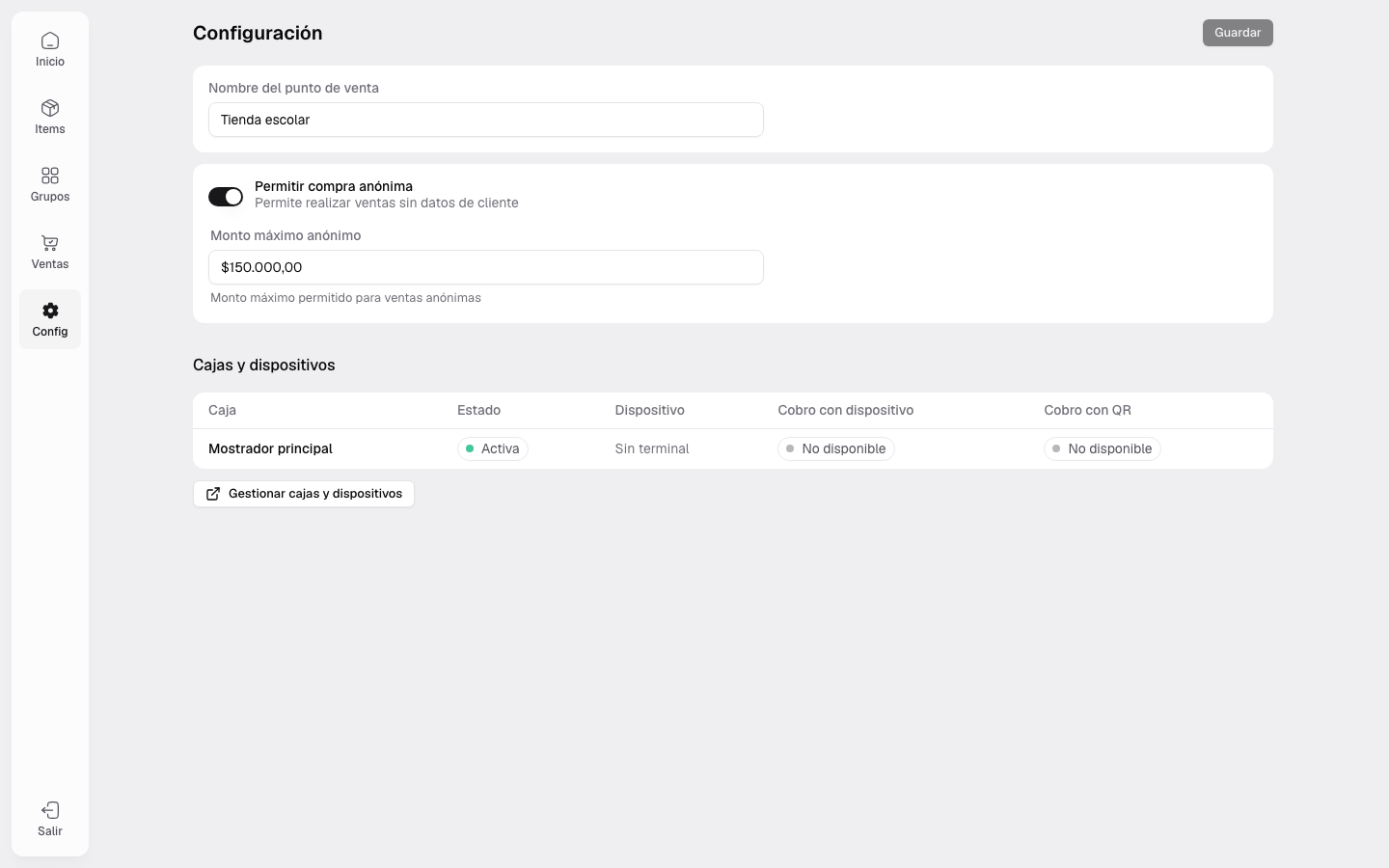 Configuración de compra anónima y límite del punto de venta