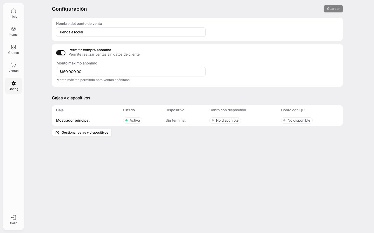 Configuración de compra anónima y límite del punto de venta