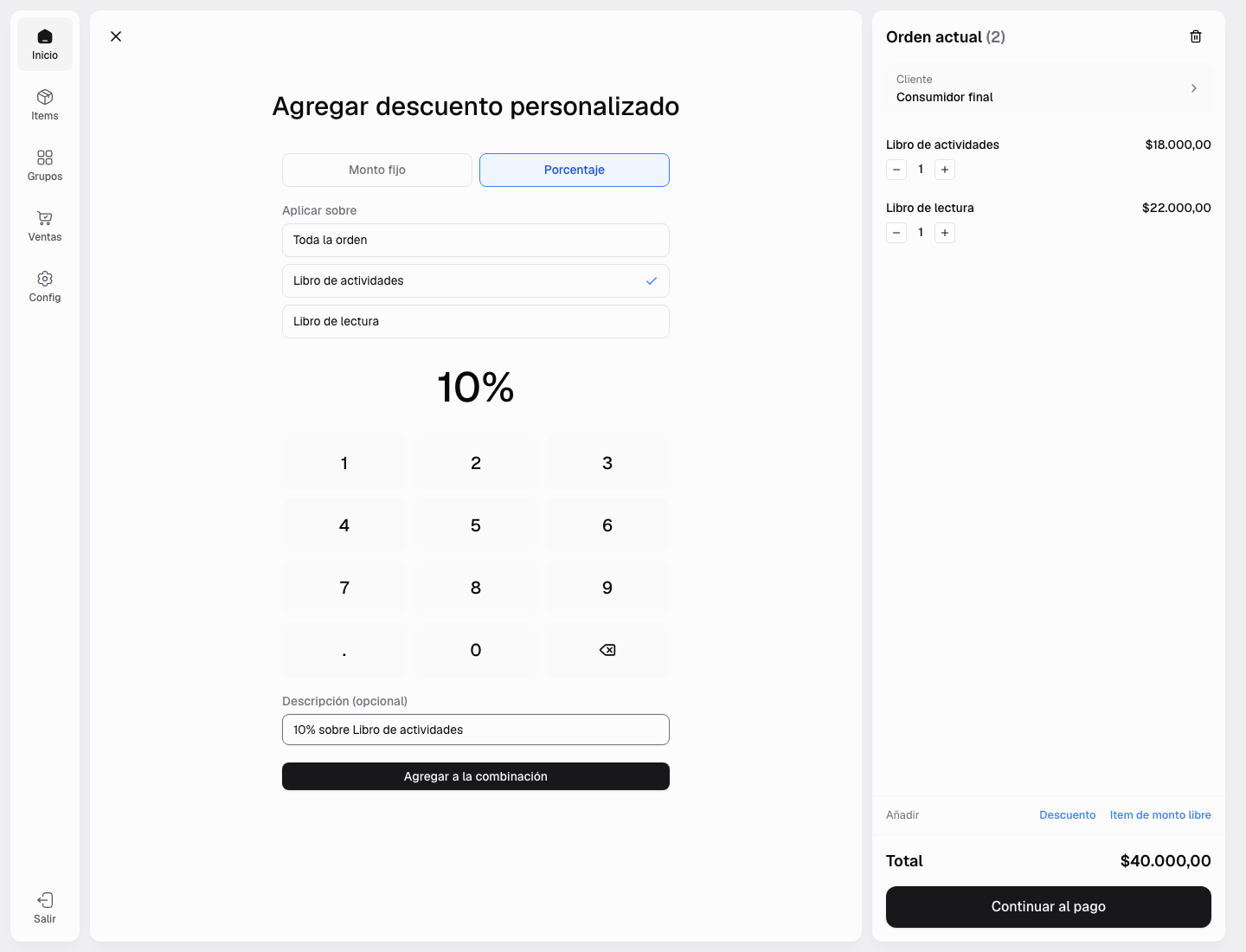 Descuento personalizado del diez por ciento aplicado a un producto