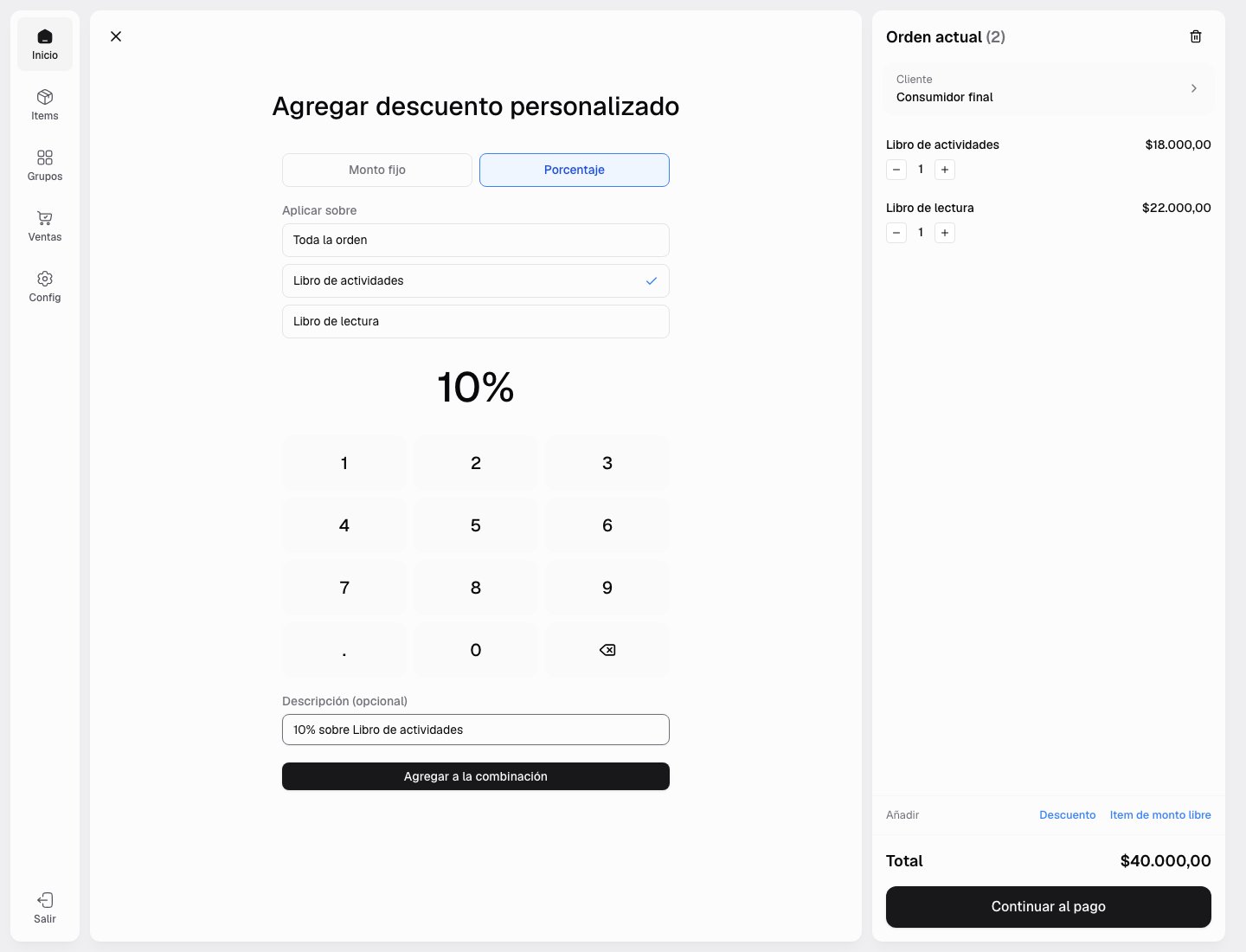 Descuento personalizado del diez por ciento aplicado a un producto