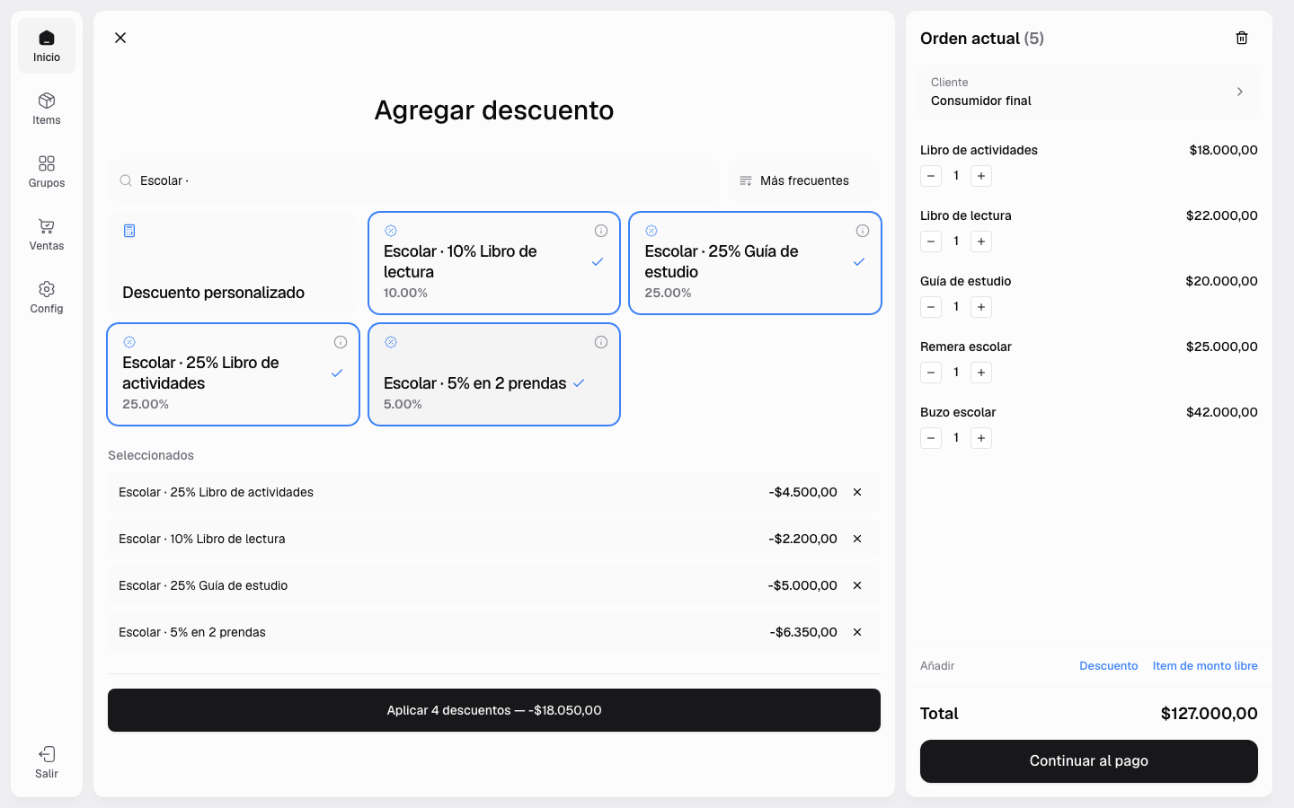 Combinación de cuatro descuentos seleccionados antes de aplicarlos