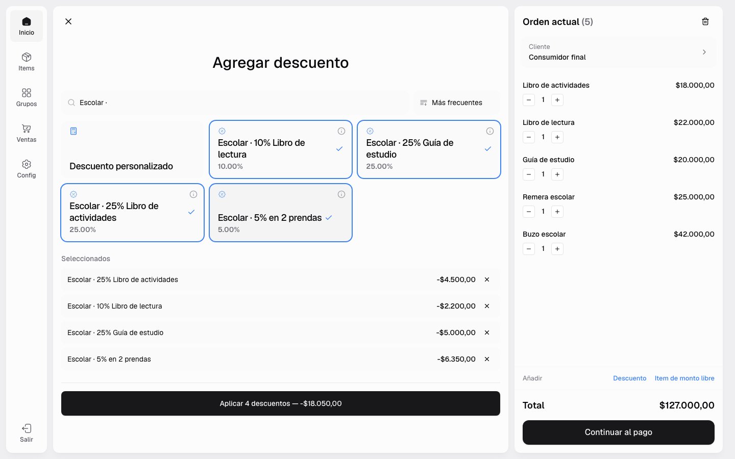 Combinación de cuatro descuentos seleccionados antes de aplicarlos