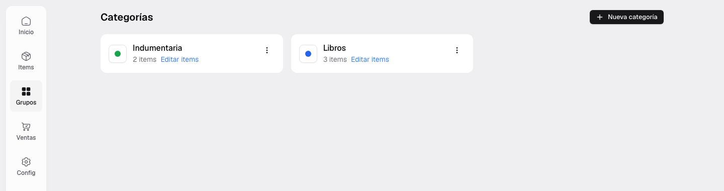 Grupos Libros e Indumentaria configurados en la tienda escolar
