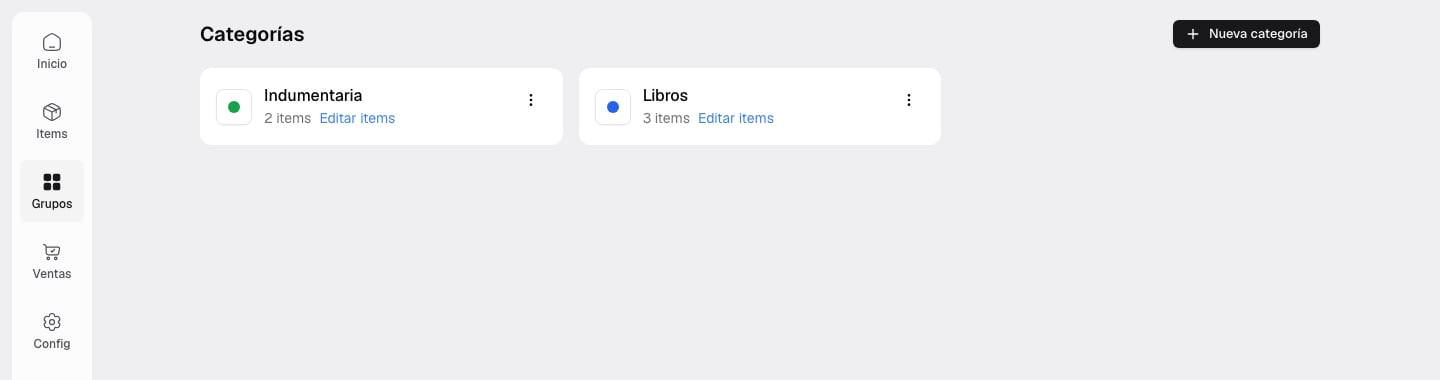 Grupos Libros e Indumentaria configurados en la tienda escolar