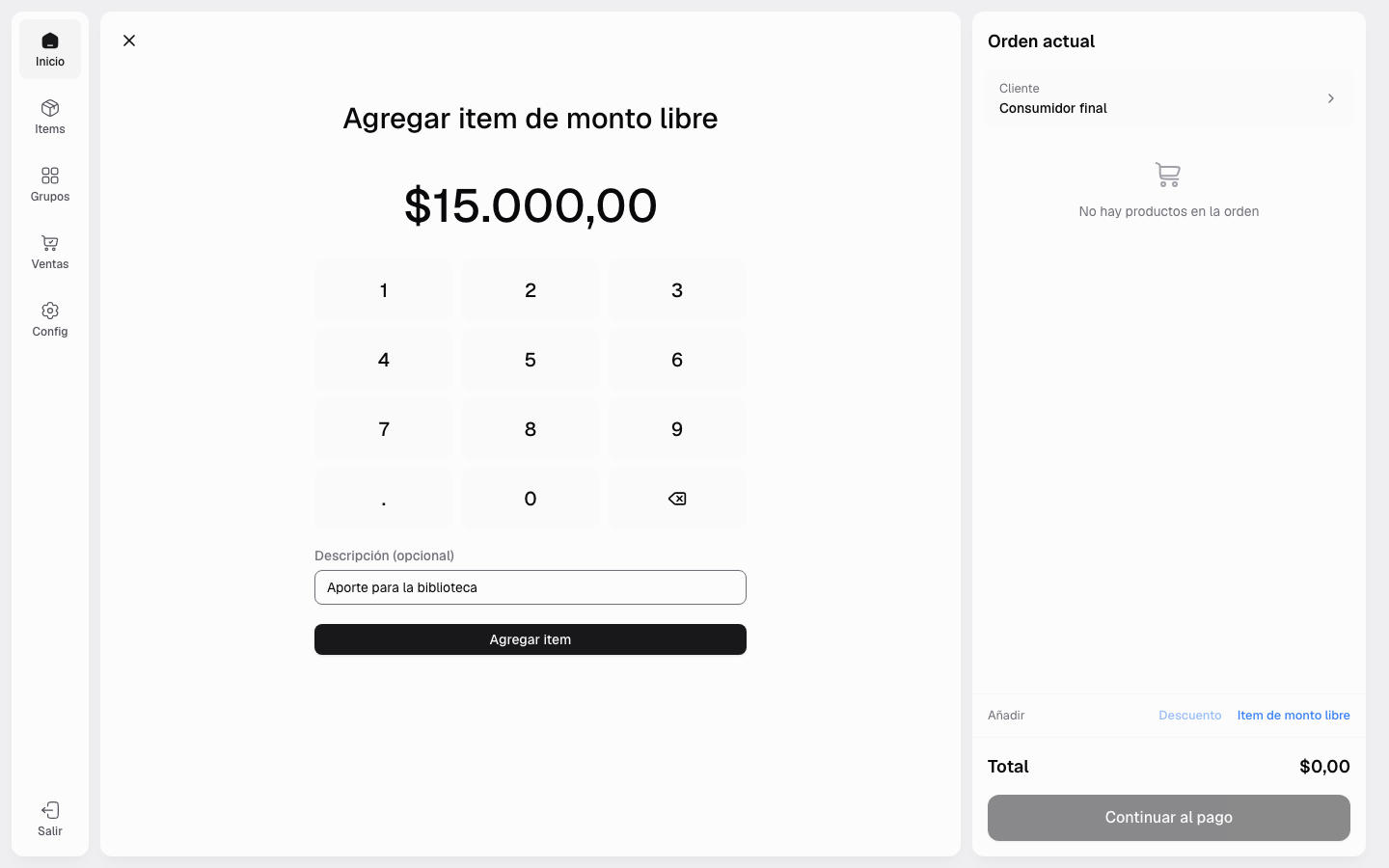 Carga de un item de monto libre con descripción opcional