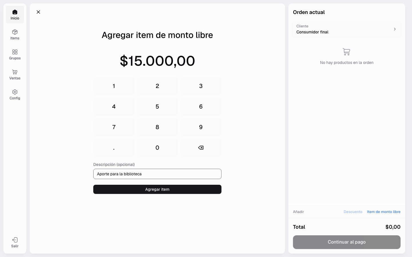 Carga de un item de monto libre con descripción opcional
