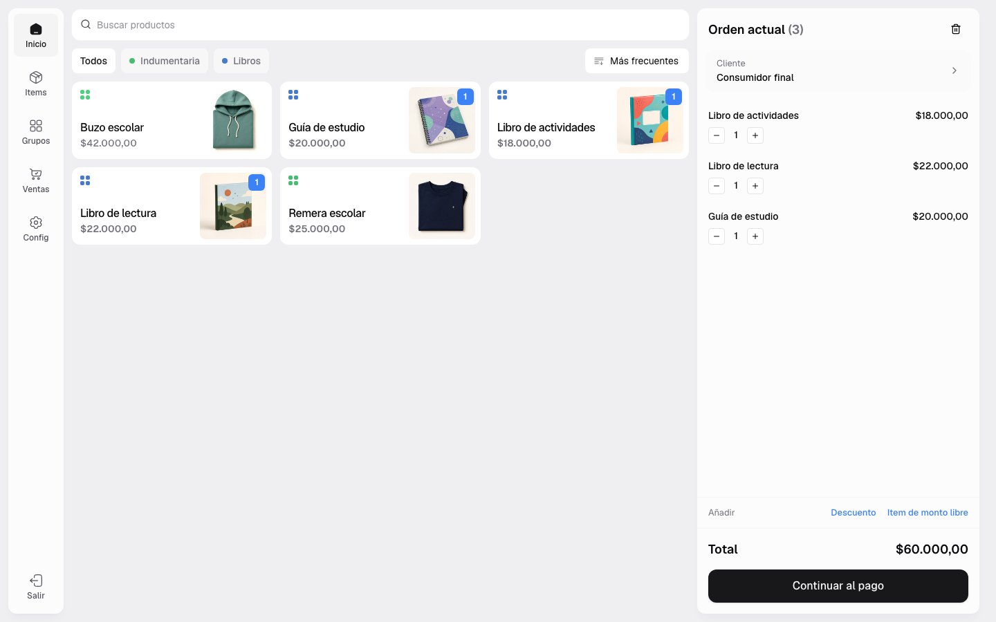 Orden del POS con productos, cantidades y total