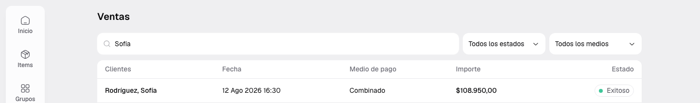 Listado de ventas del POS con búsqueda y filtros