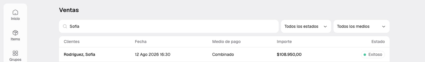 Listado de ventas del POS con búsqueda y filtros