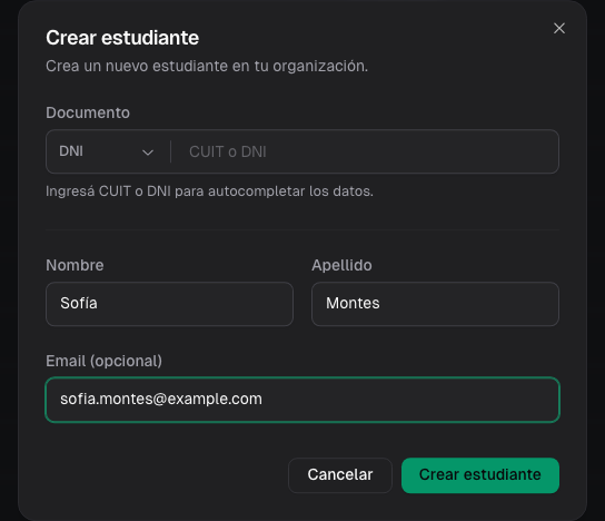 Formulario Crear estudiante con Sofía Montes y el email opcional, en modo oscuro
