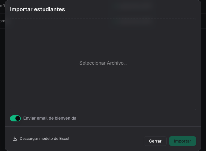 Modal de importación con acceso a la plantilla, archivo XLSX y opción de bienvenida