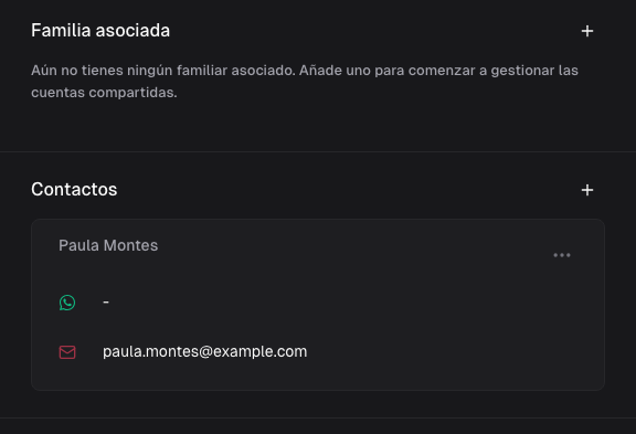 Secciones Familia asociada y Contactos, con Paula Montes como responsable de pago