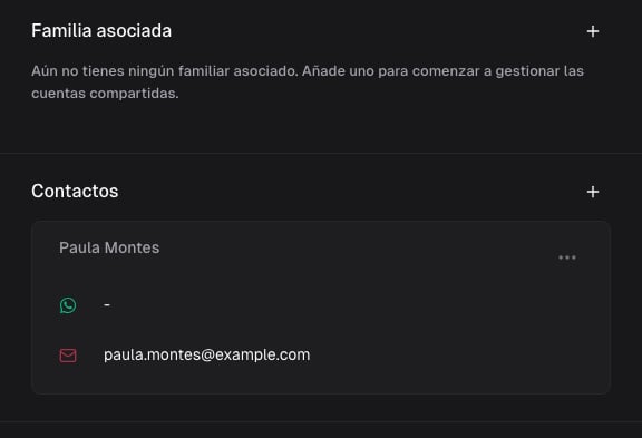 Secciones Familia asociada y Contactos, con Paula Montes como responsable de pago