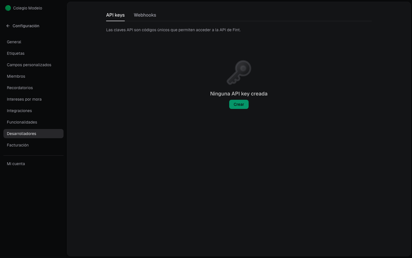 Pestaña API keys