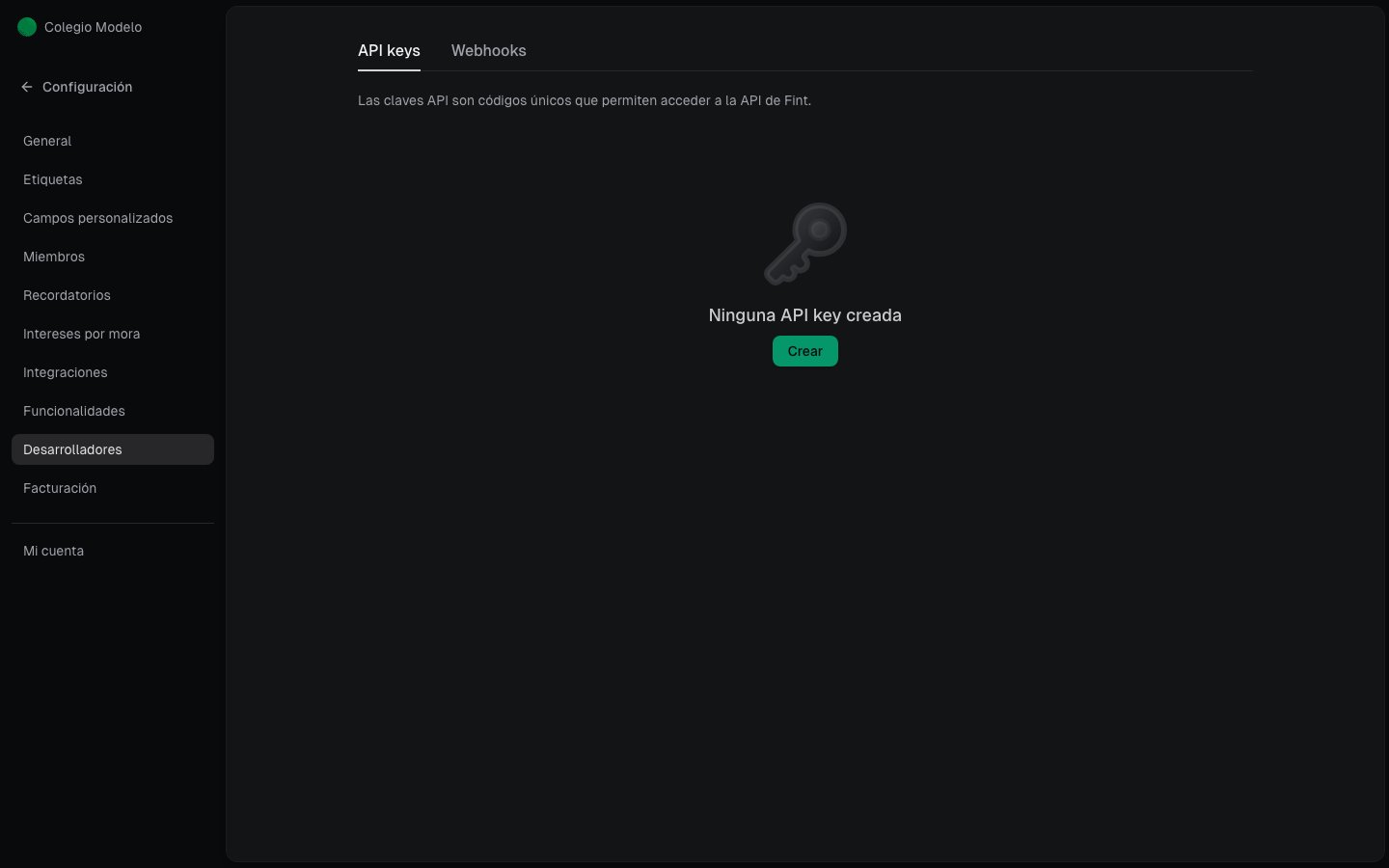Pestaña API keys