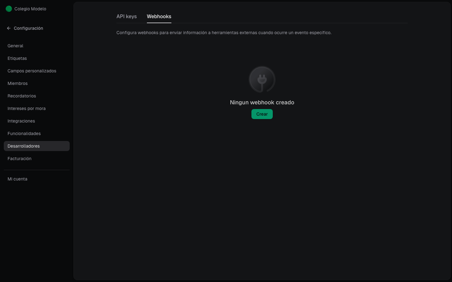 Pestaña Webhooks