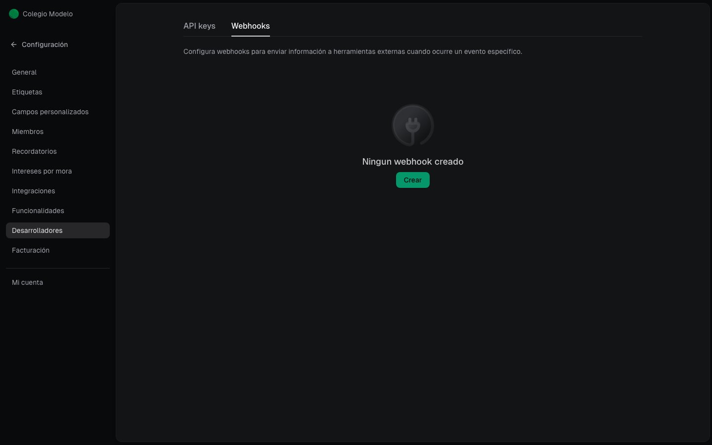Pestaña Webhooks