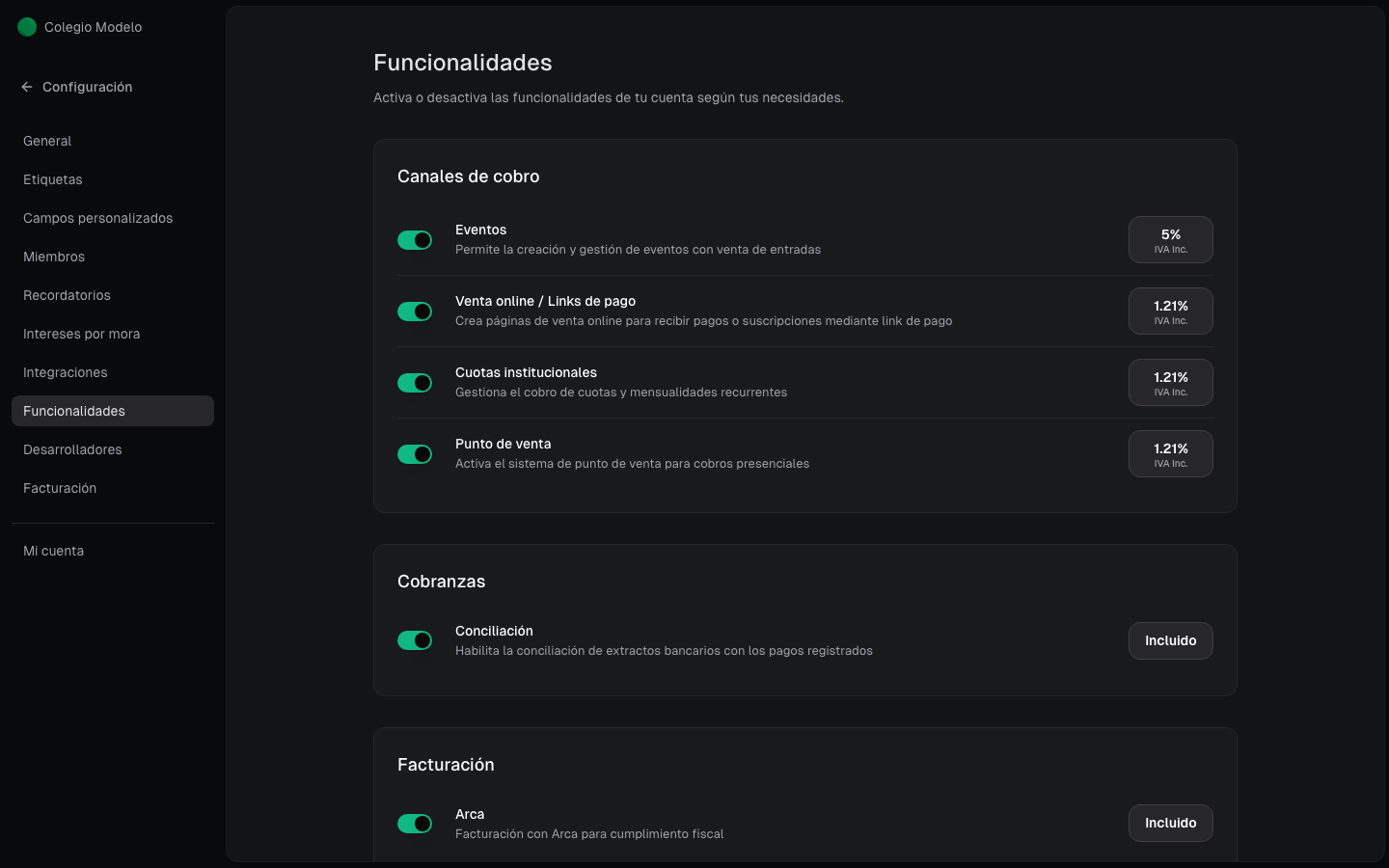 Interruptores de funcionalidades de la organización