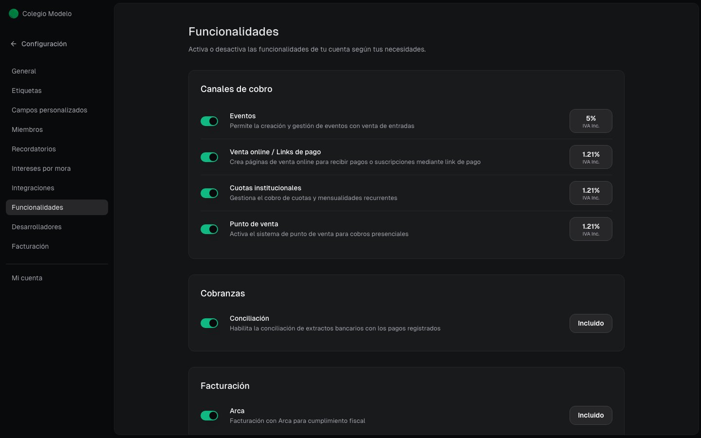 Interruptores de funcionalidades de la organización