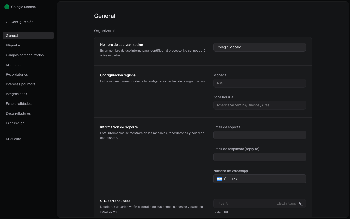 Configuración general: nombre interno, soporte y URL