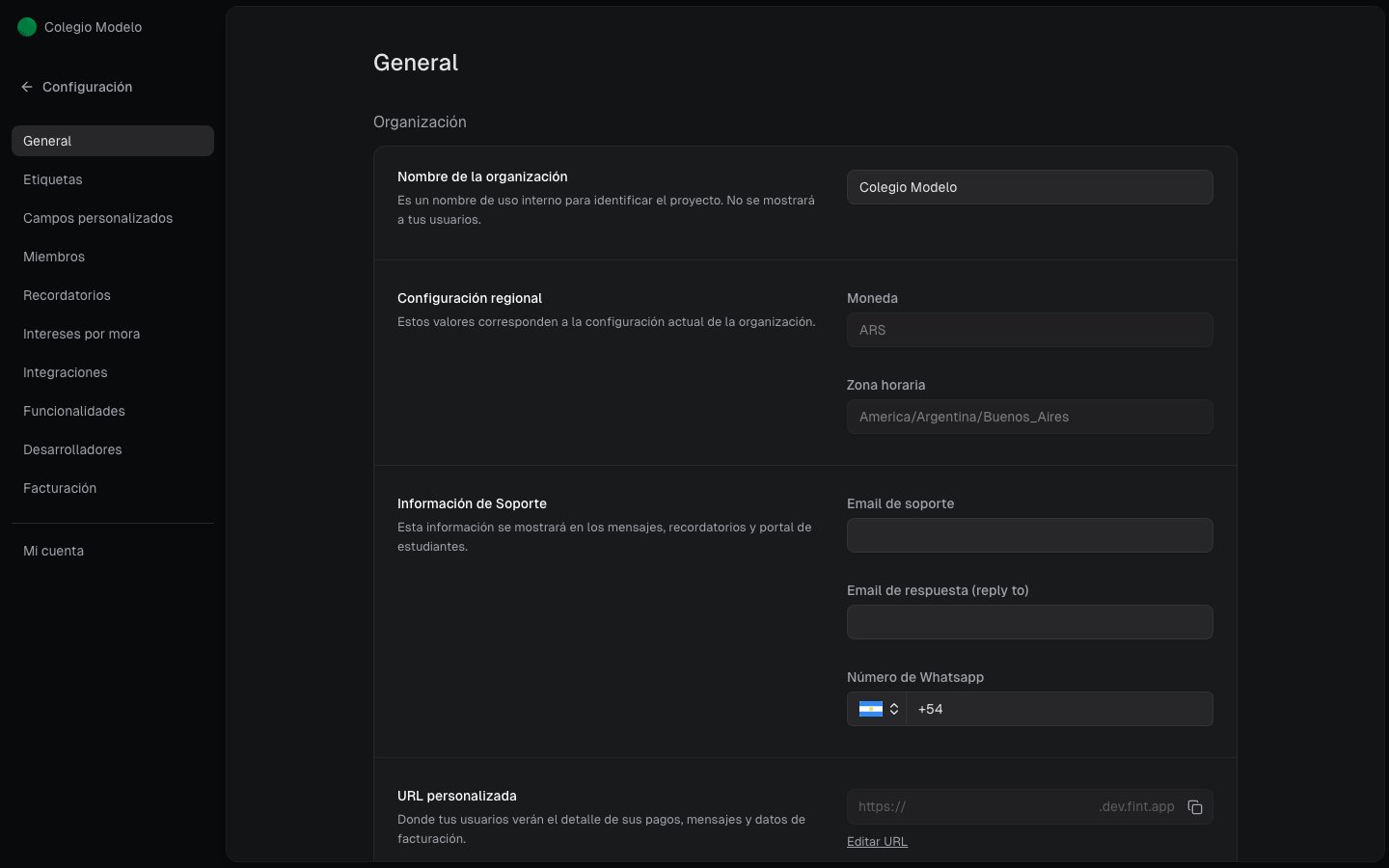 Configuración general: nombre interno, soporte y URL
