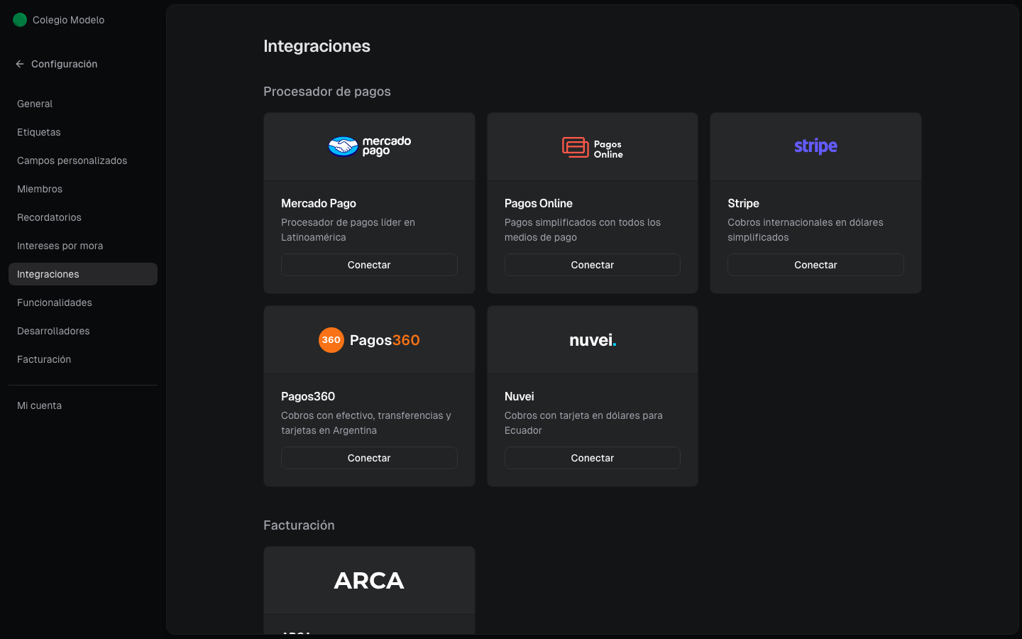 Tarjetas de integraciones de pago y facturación