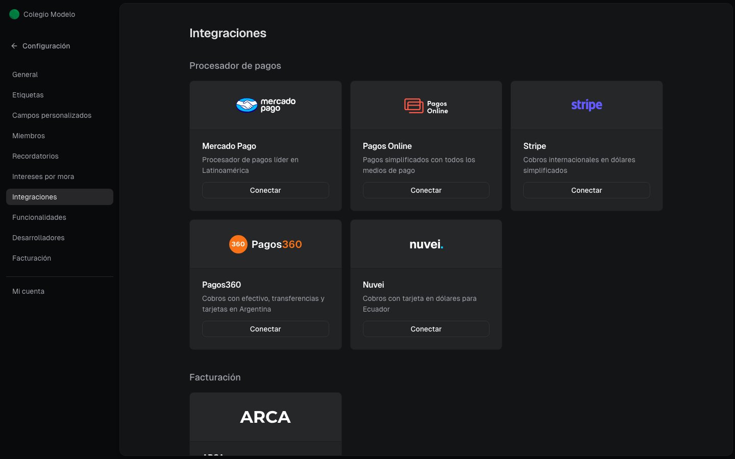 Tarjetas de integraciones de pago y facturación