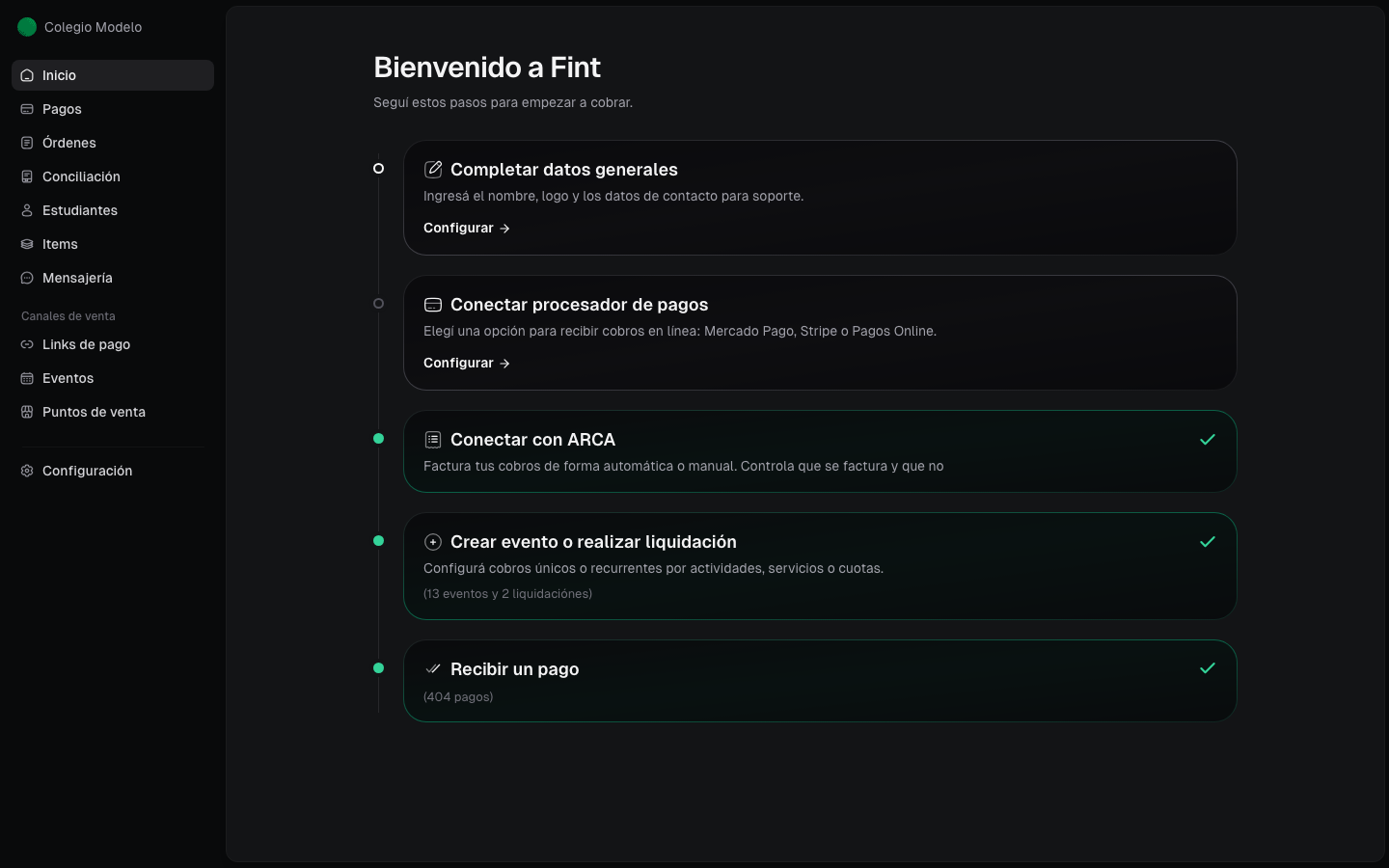 Inicio: Bienvenido a Fint, checklist Completar datos generales, Conectar procesador, Conectar con ARCA, Crear evento o liquidación, Recibir un pago