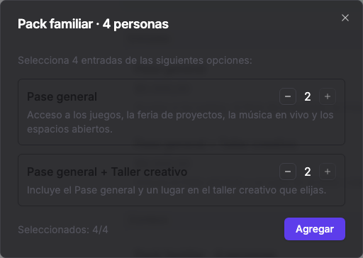 Selector público del Pack familiar con cuatro de cuatro entradas elegidas