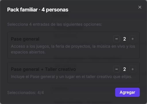 Selector público del Pack familiar con cuatro de cuatro entradas elegidas
