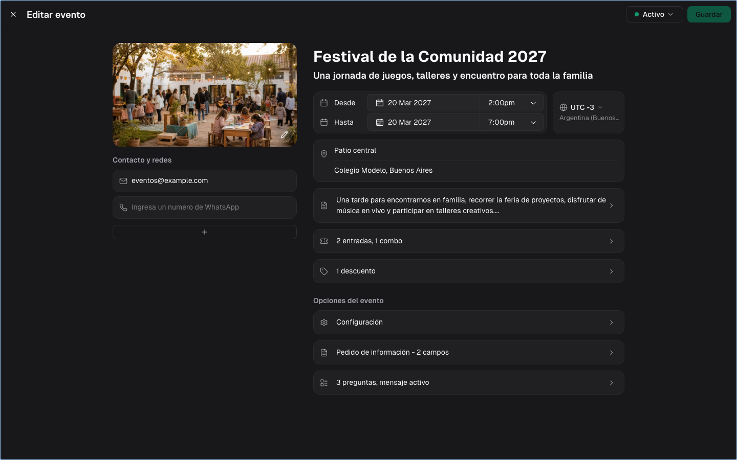 Editor del evento con resúmenes de dos entradas y un combo, un descuento, dos campos y tres preguntas con un mensaje activo