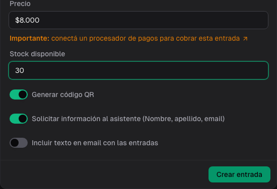 Opciones de QR, datos del asistente y email para un tipo de entrada