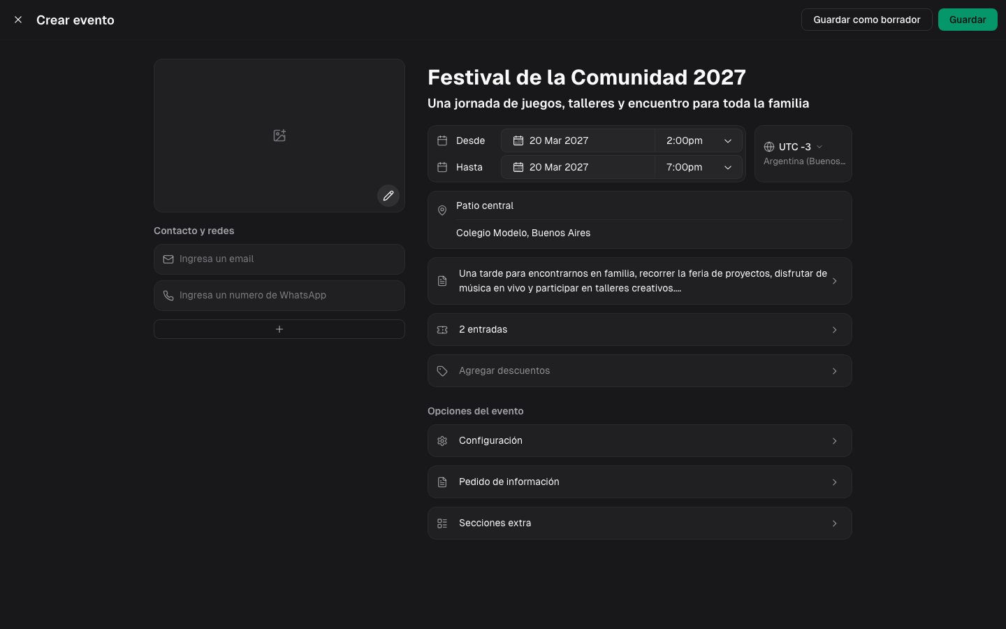 Formulario del Festival de la Comunidad con sus datos generales completos antes de agregar la portada