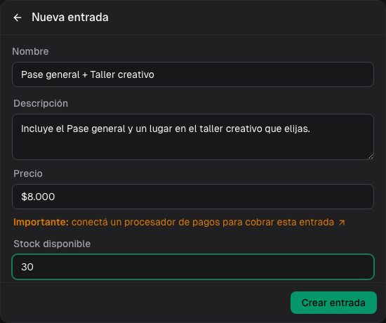 Formulario para crear un tipo de entrada sin salir del evento