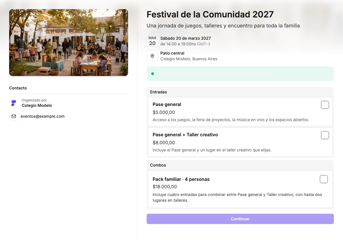 Página pública del Festival de la Comunidad con portada, mensaje destacado, entradas y combo familiar