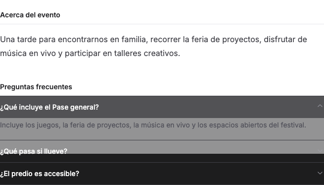 Preguntas frecuentes del evento con la respuesta sobre el Pase General desplegada