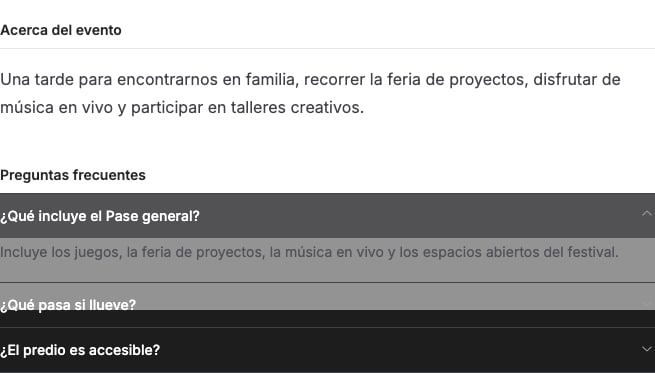 Preguntas frecuentes del evento con la respuesta sobre el Pase General desplegada