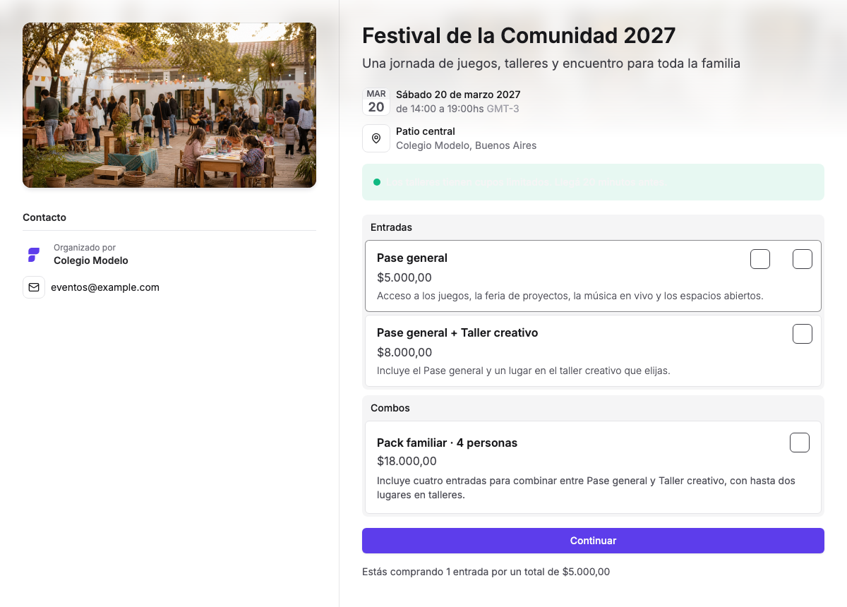 Página pública del festival con un Pase General seleccionado antes de presionar Continuar