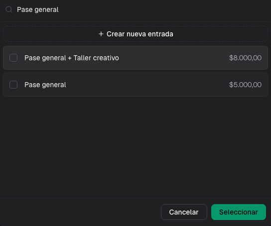 Selector de tipos de entrada existentes dentro del editor del evento