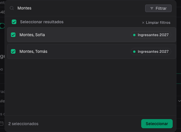 Selector con Sofía y Tomás asignados a la cuota escolar 2027