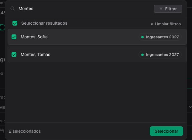 Selector con Sofía y Tomás asignados a la cuota escolar 2027