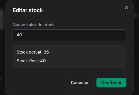 Modal para cambiar el valor final de stock de un producto