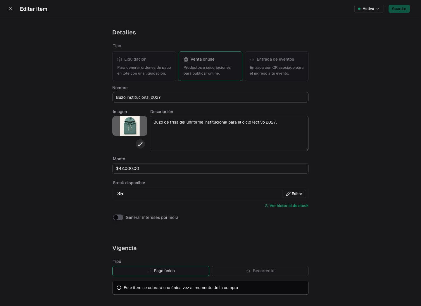 Buzo institucional configurado para Venta online con descripción, precio, imagen y stock