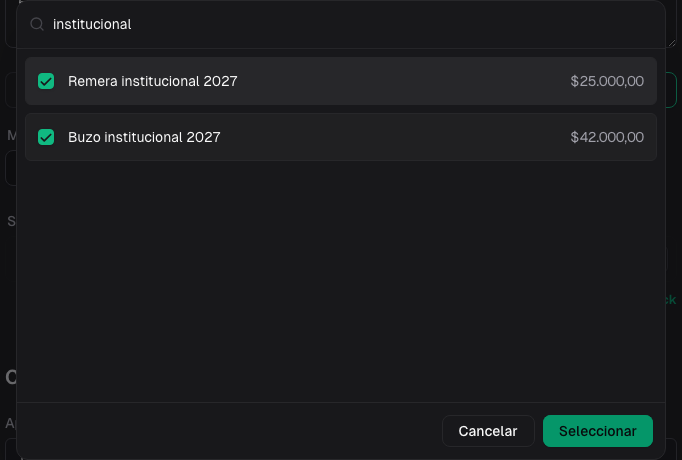 Selector de productos del descuento con Buzo institucional 2027 y Remera institucional 2027 elegidos