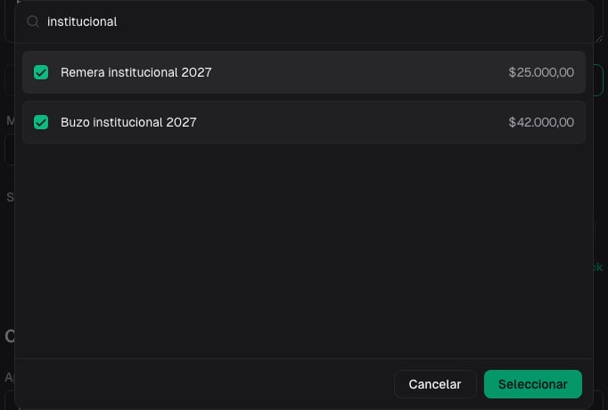 Selector de productos del descuento con Buzo institucional 2027 y Remera institucional 2027 elegidos