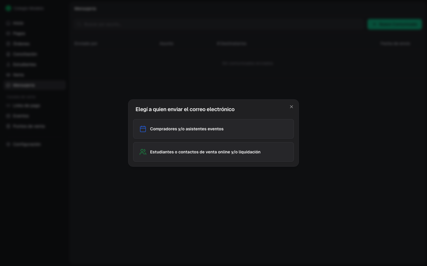 Modal para elegir si el comunicado va a estudiantes y contactos o a un evento